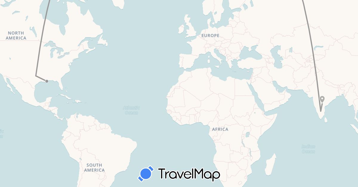 TravelMap itinerary: driving, plane in United Arab Emirates, India, United States (Asia, North America)